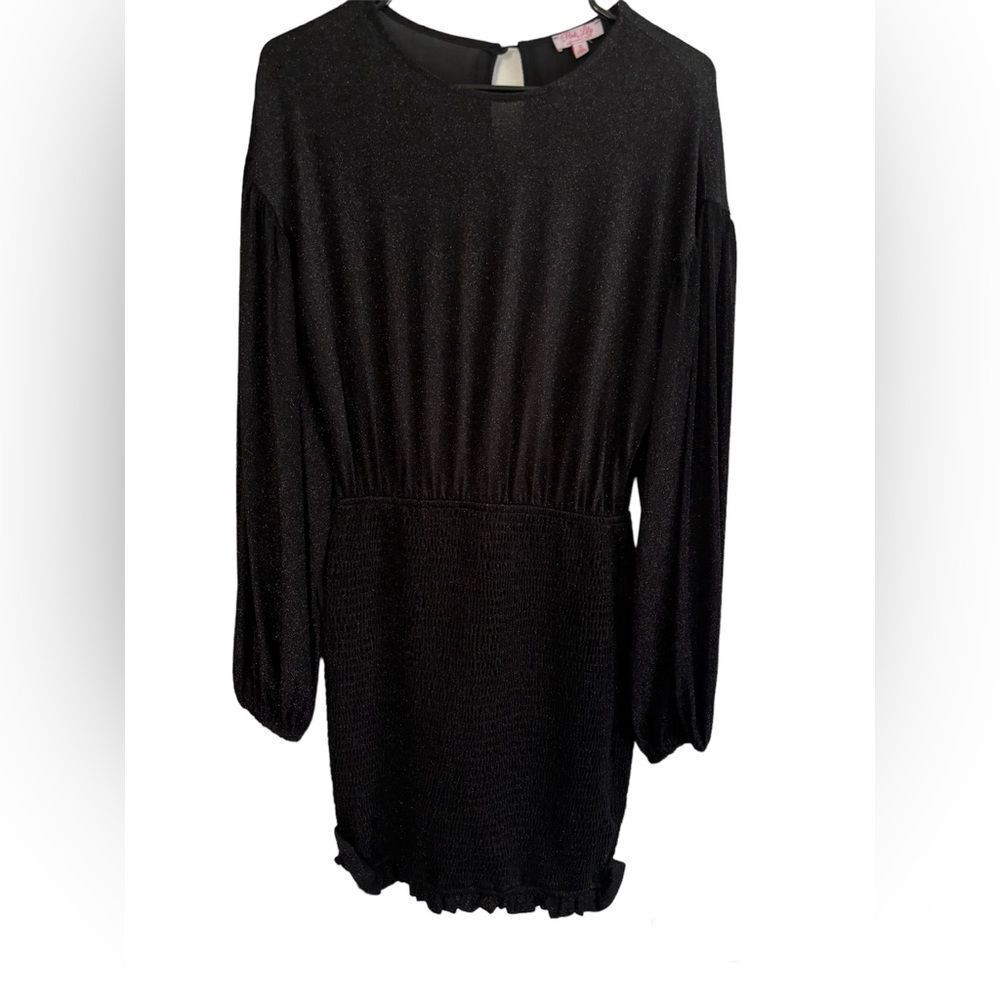 Pink Lily Long Sleeve Smocked Black Sparkle Dress SZ SM Metallic Cocktail Party